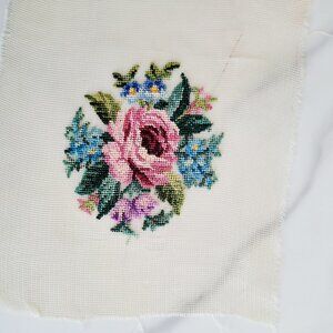 Vintage Petti Point Needlepoint Floral Panel  3" Round Pink Rose Floral Design